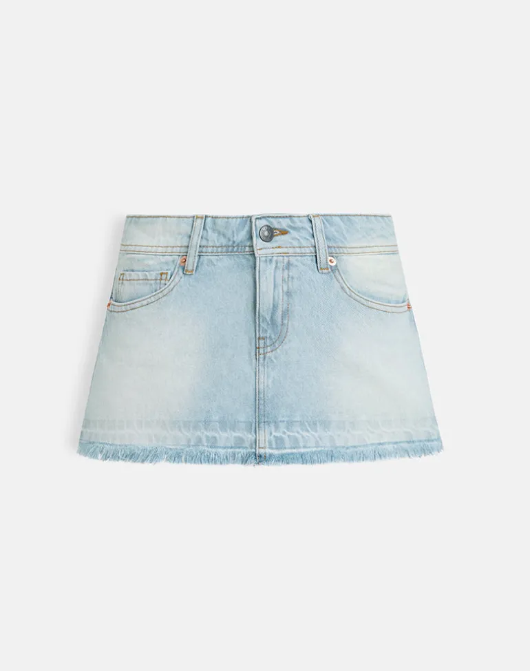 Raw Hem Low Rise Denim Mini Skirt in Icy Blue