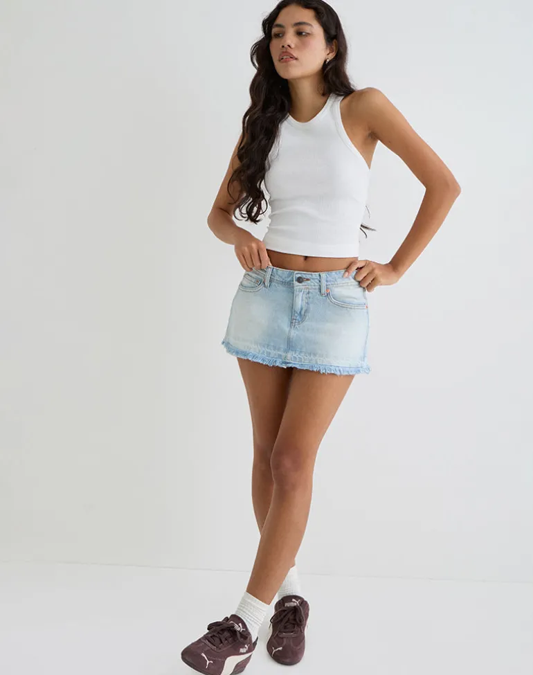 Raw Hem Low Rise Denim Mini Skirt in Icy Blue