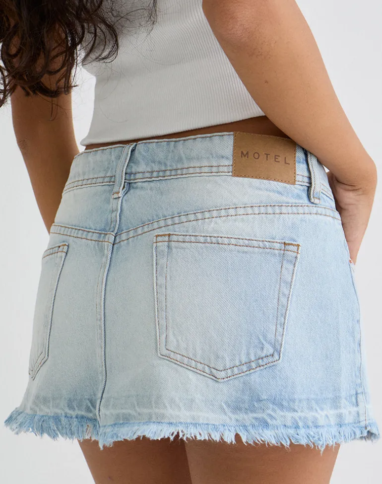 Raw Hem Low Rise Denim Mini Skirt in Icy Blue