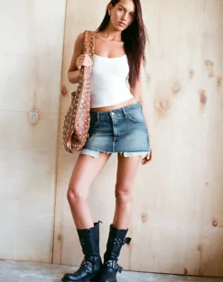 Raw Hem Mini Skirt in Steel Blue with Pockets