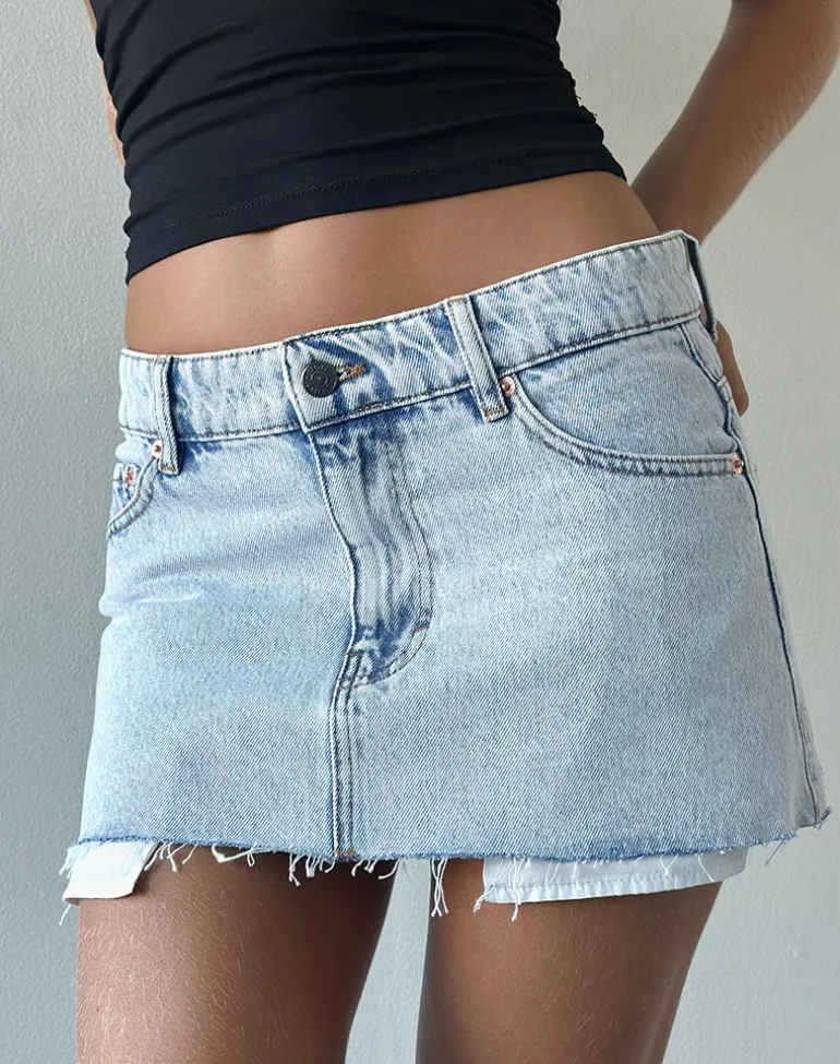 Raw Hem Mini Skirt Pockets in 80's Light Blue