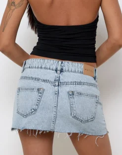 Raw Hem Mini Skirt Pockets in 80's Light Blue