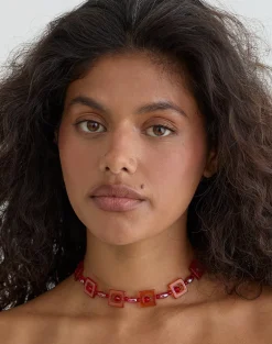 Red and Pink Square Beaded Necklace