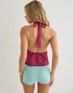 Reem Halterneck Top in Raspberry Shadow Check