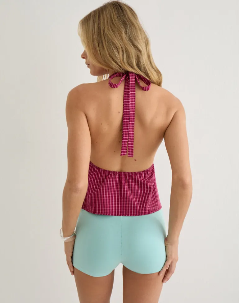 Reem Halterneck Top in Raspberry Shadow Check