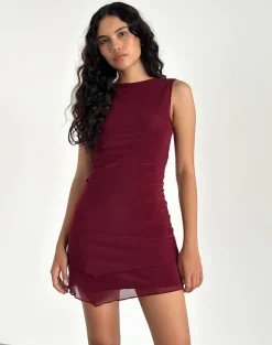 Renata Asymmetrical Mini Dress in Burgundy Mesh