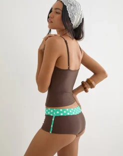 Rhaena Swim Short in Brown with Medium Polka Green