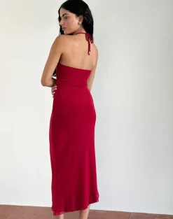Ribka Halterneck Midi Dress in Mesh Cherry