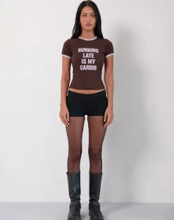 Rinea Tee Top in Bitter Chocolate with Violet Binding and Running Late Slogan
