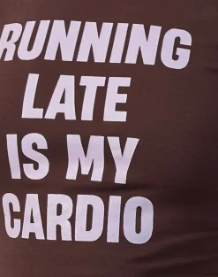 Rinea Tee Top in Bitter Chocolate with Violet Binding and Running Late Slogan