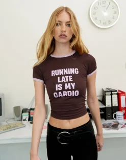 Rinea Tee Top in Bitter Chocolate with Violet Binding and Running Late Slogan