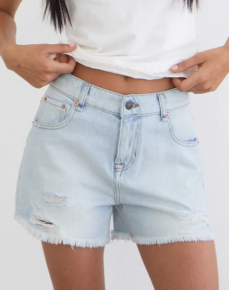 Ripped Baggy Denim Short in Icy Blue