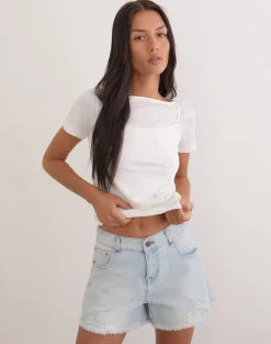 Ripped Baggy Denim Short in Icy Blue