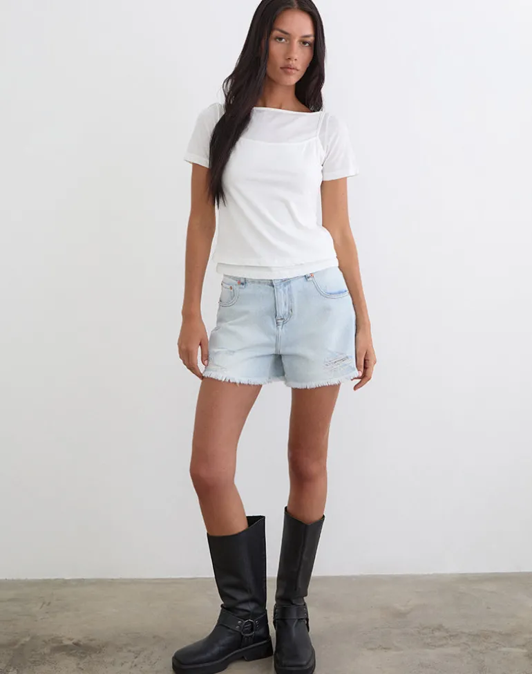 Ripped Baggy Denim Short in Icy Blue