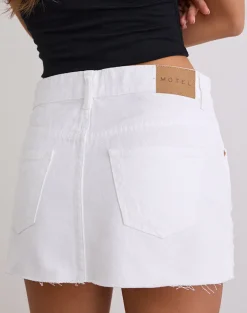 Ripped Raw Hem Denim Mini Skirt in True White