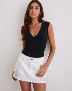 Ripped Raw Hem Denim Mini Skirt in True White