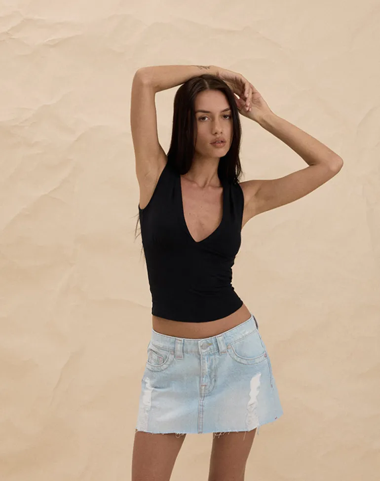 Ripped Raw Hem Denim Mini Skirt in Sky Blue