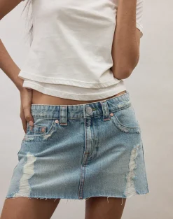 Ripped Raw Hem Denim Mini Skirt in True Blue