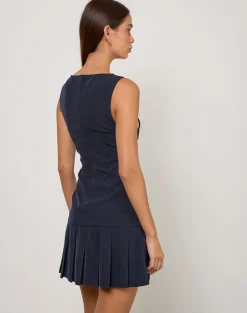Rita Pleat Mini Dress in Tailoring Navy