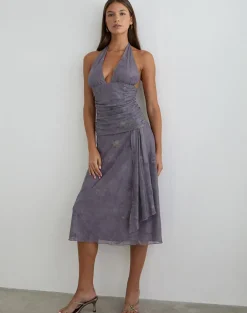 Rokoyo Halterneck Midi Dress in Flare Flower Purple