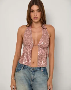 Rokudo Halterneck Top in Boho Batik Sequin Pink