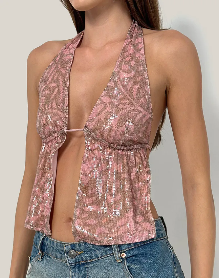 Rokudo Halterneck Top in Boho Batik Sequin Pink