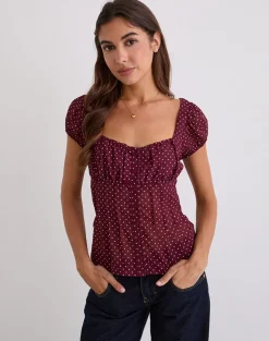 Rolina Blouse in Chiffon Mini Polka Burgundy