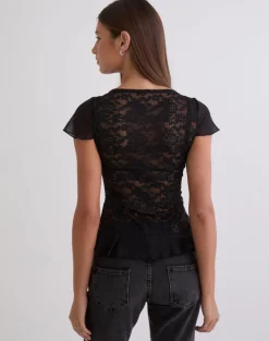 Roselani Ruffle Hem Top in Lace Black