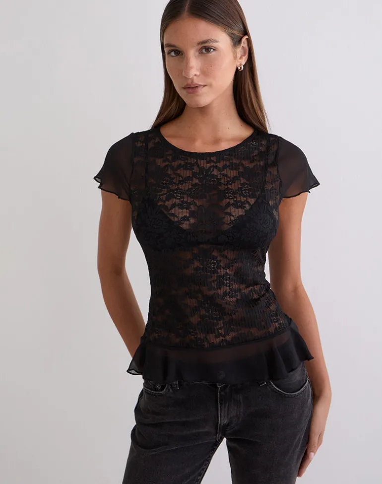 Roselani Ruffle Hem Top in Lace Black