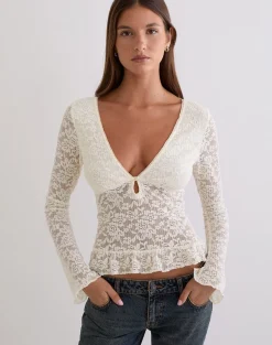 Roselle Keyhole Long Sleeve Top in Lace Ivory
