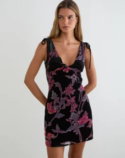 Rosmila Mini Dress in Black with Floral Devore Print