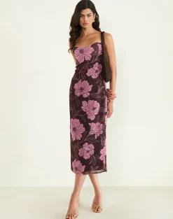 Rujira Cowl Midi Dress in Flare Floral Pink Brown