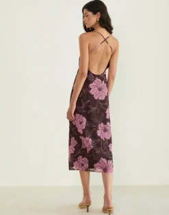Rujira Cowl Midi Dress in Flare Floral Pink Brown