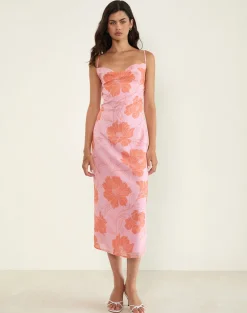 Rujira Cowl Midi Dress in Floral Pink Orange