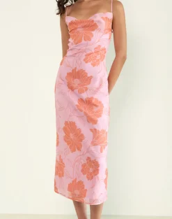 Rujira Cowl Midi Dress in Floral Pink Orange