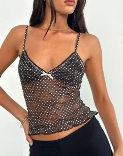 Rumaysa Cami Top in Mini Polka Black and White Printed Lace
