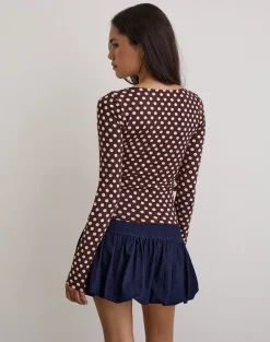 Rumini Long Sleeve Top in Brown with Small Polka Cream