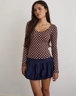 Rumini Long Sleeve Top in Brown with Small Polka Cream