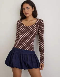 Rumini Long Sleeve Top in Brown with Small Polka Cream