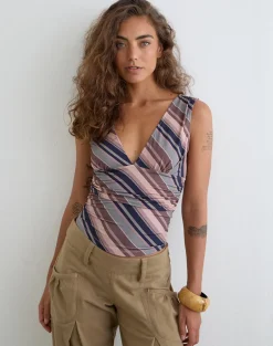 Ruoyu Plunge Top in Mixed Stripe Brown