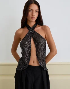 Ruway Unlined Scarf Top in Sequin Black