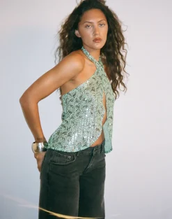 Ruwiko Halterneck Top in Paisley Sequin Teal