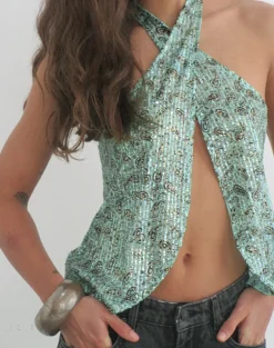 Ruwiko Halterneck Top in Paisley Sequin Teal