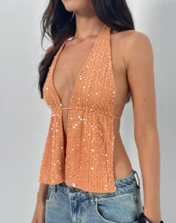 Ryoma Halterneck Top in Sequin Knit Orange