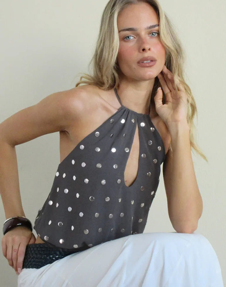 Sabitah Keyhole Top in Studded Chiffon Dark Grey