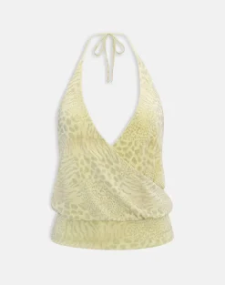 Sadara Drape Halter Top in Green Leopard