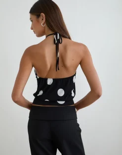 Saerin Halter Top in Monochrome Black with White Polka Print