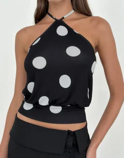 Saerin Halter Top in Monochrome Black with White Polka Print