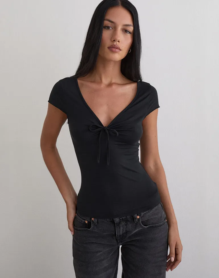 Saiba Cap Sleeve Top in Cupro Black
