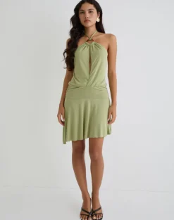 Saira Halter Neck Mini Dress in Sage
